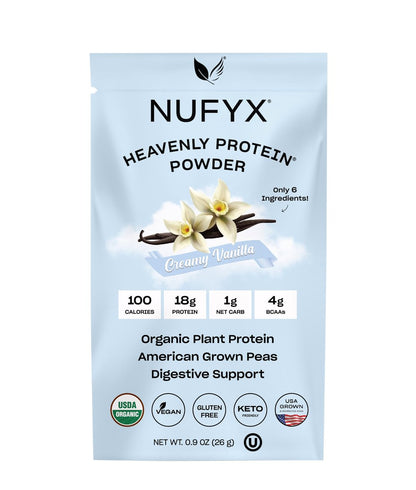 NUFYX® Bio-Pflanzliches Proteinpulver, Familienbetrieb, aus 100 % USA-Erbsen, 18 g Protein pro 100 Kalorien, Nur 6 Zutaten, Verdauungsunterstützung (Cremiges Vanille, Portionsbeutel)