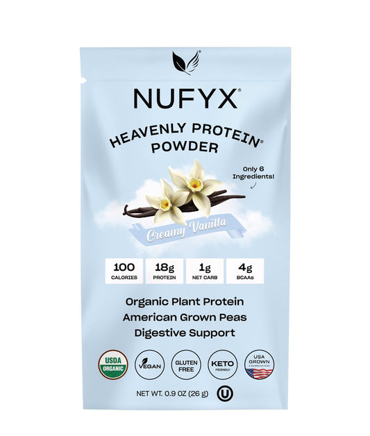 NUFYX® Bio-Pflanzliches Proteinpulver, Familienbetrieb, aus 100 % USA-Erbsen, 18 g Protein pro 100 Kalorien, Nur 6 Zutaten, Verdauungsunterstützung (Cremiges Vanille, Portionsbeutel)