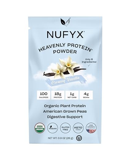NUFYX® Bio-Pflanzliches Proteinpulver, Familienbetrieb, aus 100 % USA-Erbsen, 18 g Protein pro 100 Kalorien, Nur 6 Zutaten, Verdauungsunterstützung (Cremiges Vanille, Portionsbeutel)