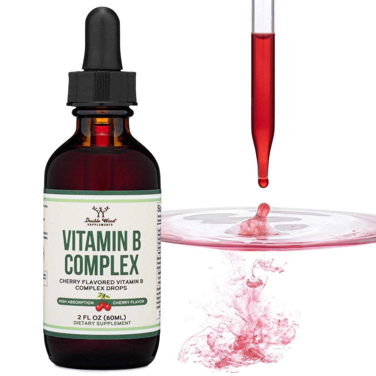 Double Wood Supplements Flüssiger Vitamin-B-Komplex – 2-Monats-Vorrat – Maximale Absorption – B3, B6, B7 (Biotin), B9 und Vitamin B12 – Kirschgeschmack – 60 ml