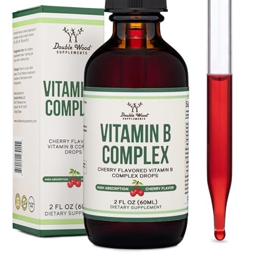 Double Wood Supplements Flüssiger Vitamin-B-Komplex – 2-Monats-Vorrat – Maximale Absorption – B3, B6, B7 (Biotin), B9 und Vitamin B12 – Kirschgeschmack – 60 ml
