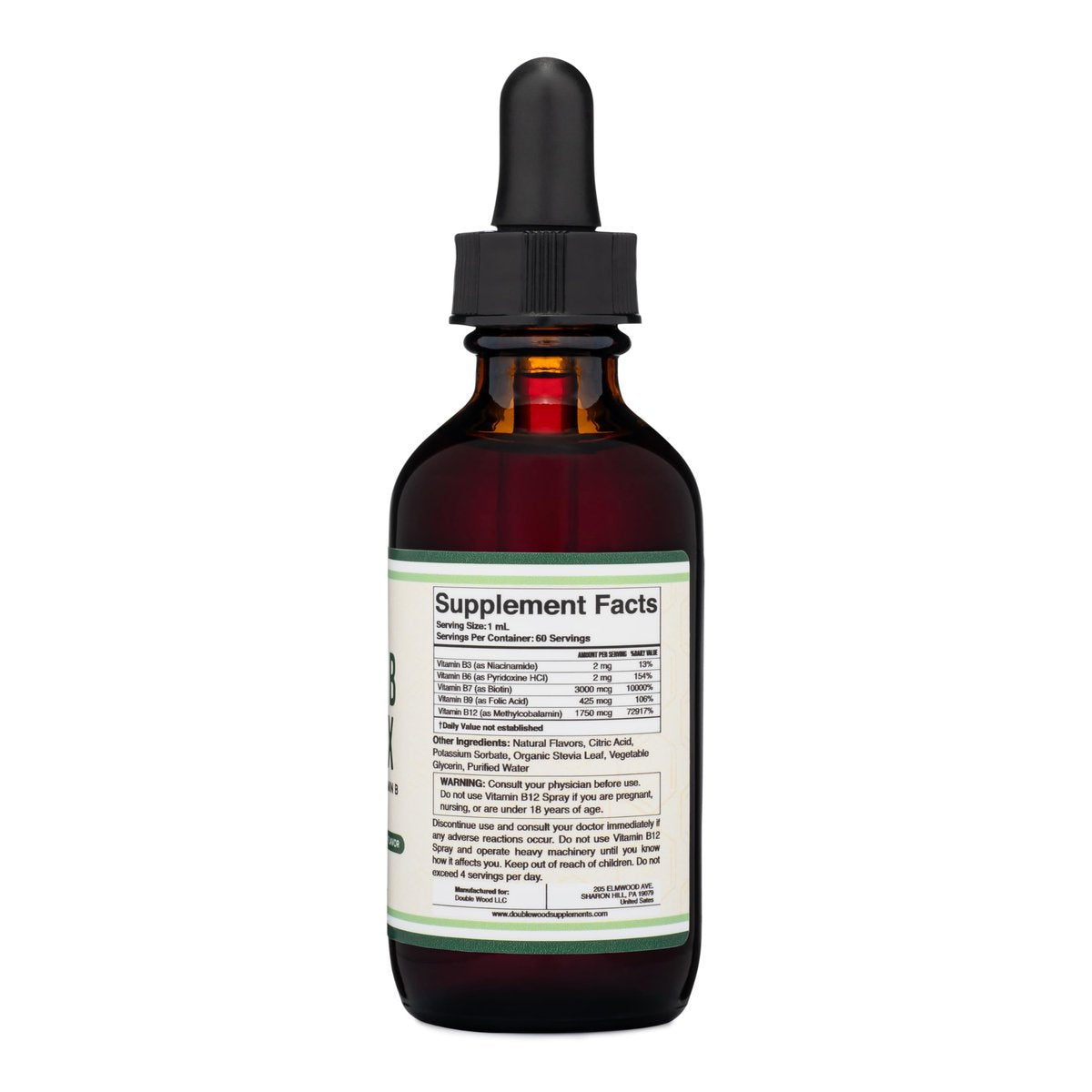 Double Wood Supplements Flüssiger Vitamin-B-Komplex – 2-Monats-Vorrat – Maximale Absorption – B3, B6, B7 (Biotin), B9 und Vitamin B12 – Kirschgeschmack – 60 ml