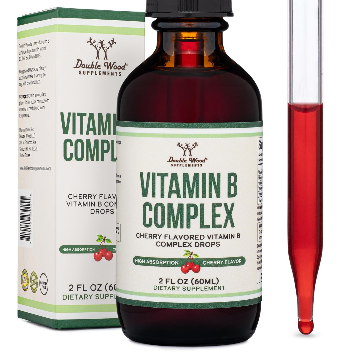 Double Wood Supplements Flüssiger Vitamin-B-Komplex – 2-Monats-Vorrat – Maximale Absorption – B3, B6, B7 (Biotin), B9 und Vitamin B12 – Kirschgeschmack – 60 ml
