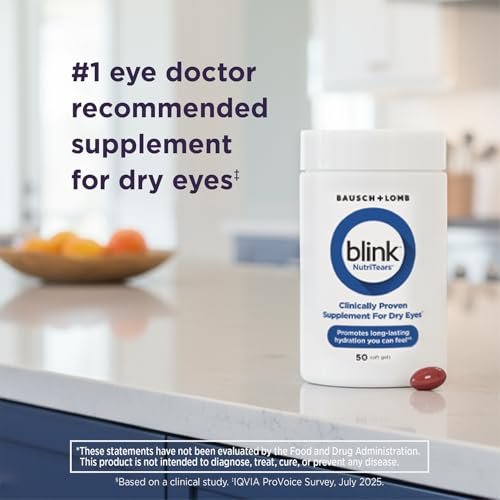 Blink NutriTears Klinisch geprüftes Nahrungsergänzungsmittel für trockene Augen, Augenpflege mit Lutein & Zeaxanthin und Vitamin D zur Befeuchtung der Augen von innen für langanhaltende Linderung, 50 Softgels