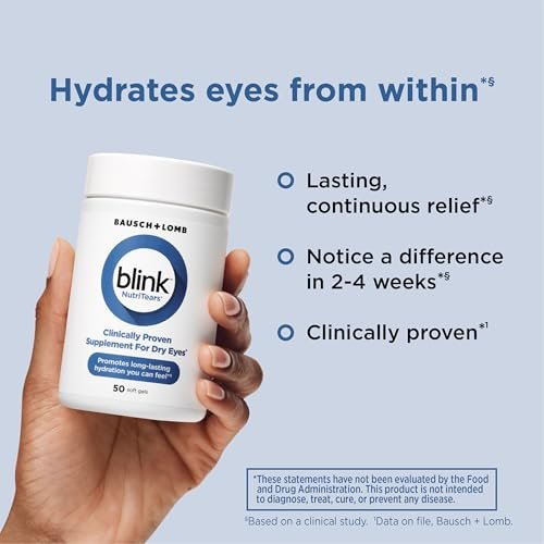 Blink NutriTears Klinisch geprüftes Nahrungsergänzungsmittel für trockene Augen, Augenpflege mit Lutein & Zeaxanthin und Vitamin D zur Befeuchtung der Augen von innen für langanhaltende Linderung, 50 Softgels
