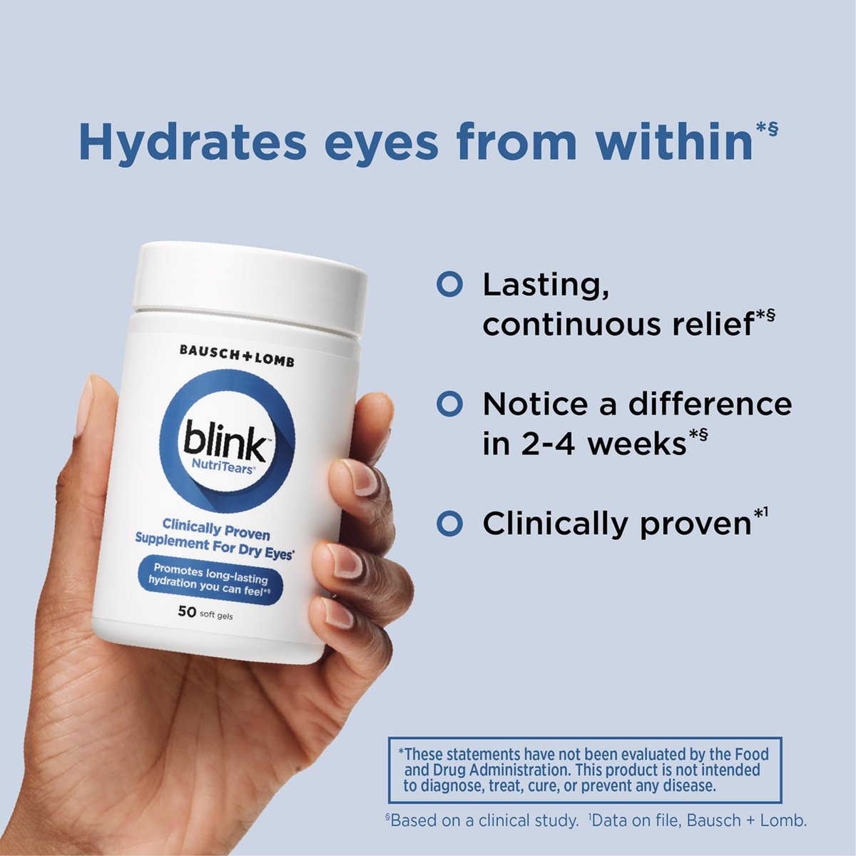 Blink NutriTears Klinisch geprüftes Nahrungsergänzungsmittel für trockene Augen, Augenpflege mit Lutein & Zeaxanthin und Vitamin D zur Befeuchtung der Augen von innen für langanhaltende Linderung, 50 Softgels