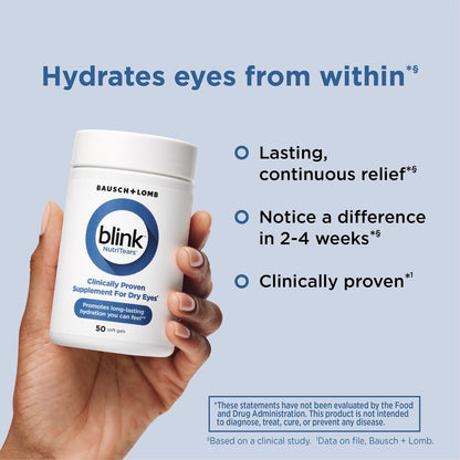 Blink NutriTears Klinisch geprüftes Nahrungsergänzungsmittel für trockene Augen, Augenpflege mit Lutein & Zeaxanthin und Vitamin D zur Befeuchtung der Augen von innen für langanhaltende Linderung, 50 Softgels
