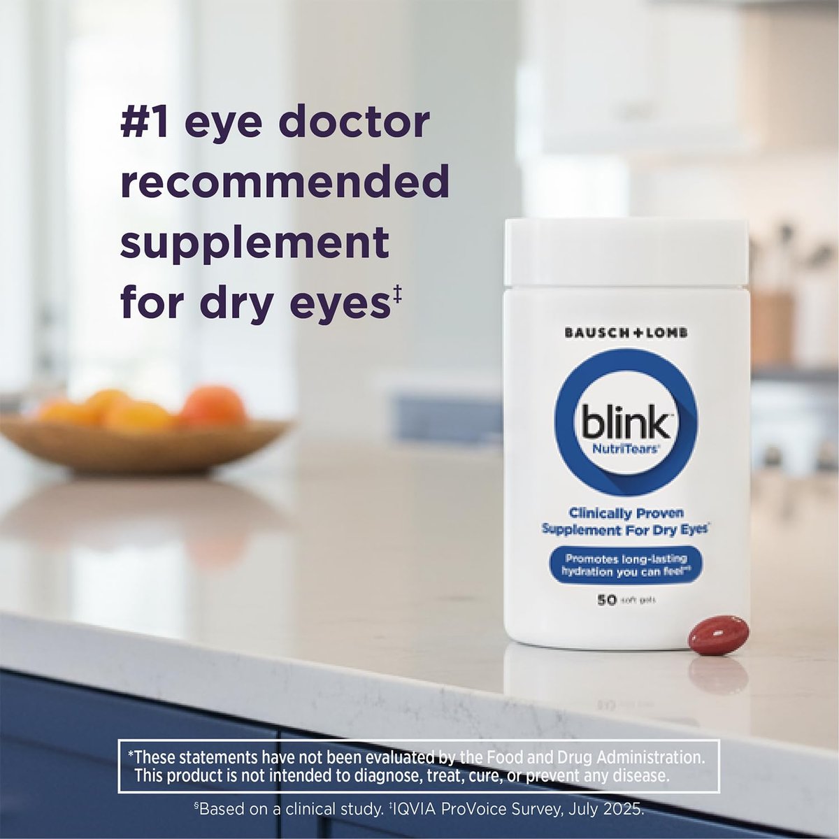 Blink NutriTears Klinisch geprüftes Nahrungsergänzungsmittel für trockene Augen, Augenpflege mit Lutein & Zeaxanthin und Vitamin D zur Befeuchtung der Augen von innen für langanhaltende Linderung, 50 Softgels