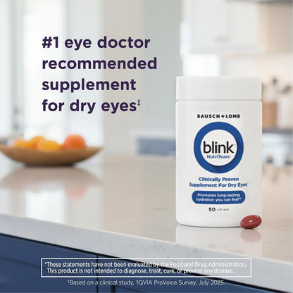 Blink NutriTears Klinisch geprüftes Nahrungsergänzungsmittel für trockene Augen, Augenpflege mit Lutein & Zeaxanthin und Vitamin D zur Befeuchtung der Augen von innen für langanhaltende Linderung, 50 Softgels