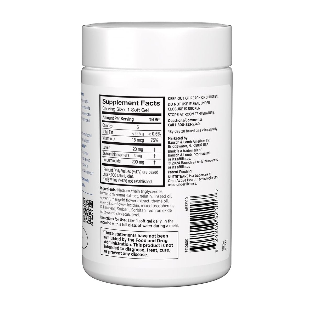 Blink NutriTears Klinisch geprüftes Nahrungsergänzungsmittel für trockene Augen, Augenpflege mit Lutein & Zeaxanthin und Vitamin D zur Befeuchtung der Augen von innen für langanhaltende Linderung, 50 Softgels