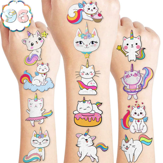 96 Stück Caticorn Katze vorgestanzte temporäre Tattoos, Geburtstagsparty-Dekorationen, Mitgebsel, lustige Cartoon-Regenbogen-Tattoo-Aufkleber für Kinder, Jungen, Mädchen, Klassenzimmer