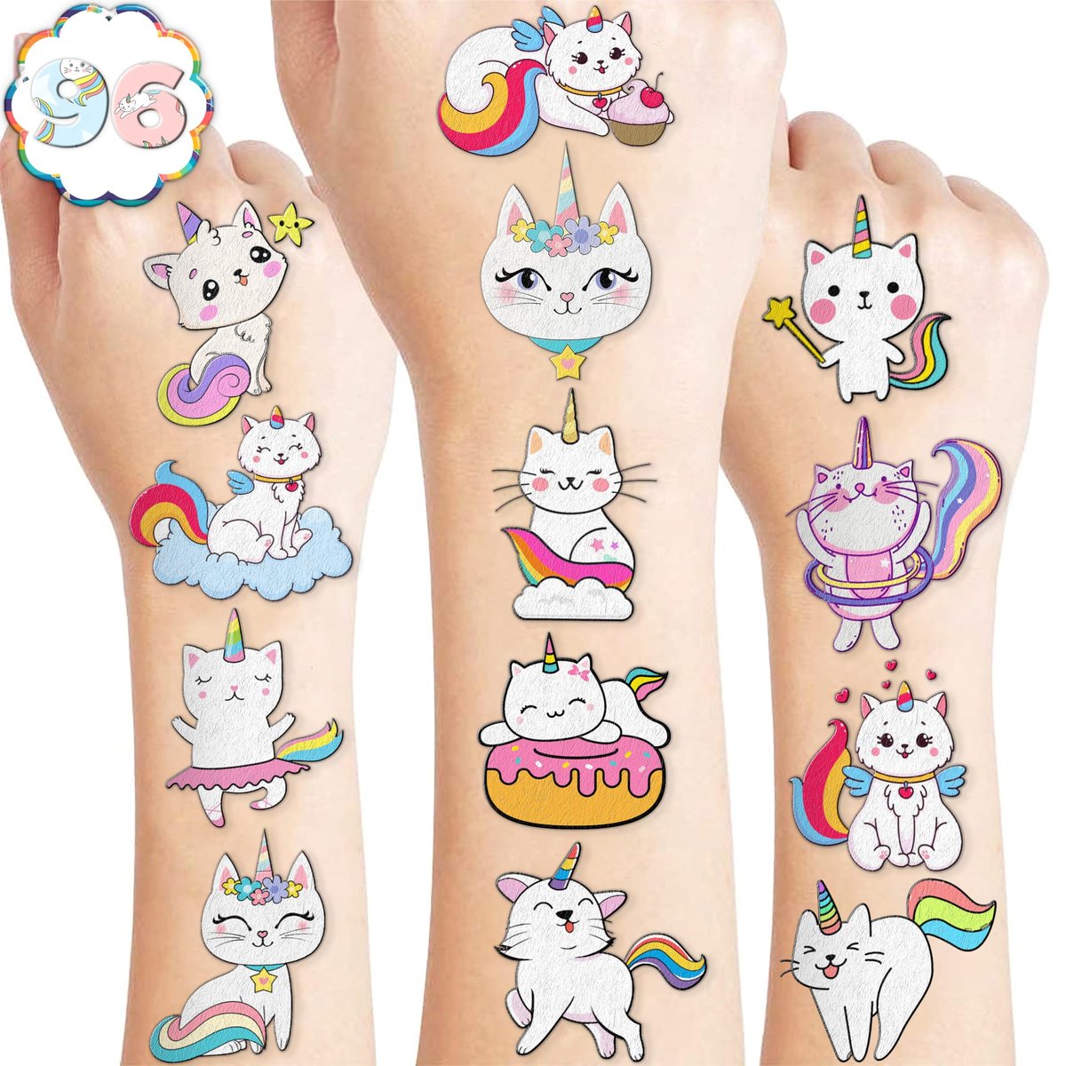 96 Stück Caticorn Katze vorgestanzte temporäre Tattoos, Geburtstagsparty-Dekorationen, Mitgebsel, lustige Cartoon-Regenbogen-Tattoo-Aufkleber für Kinder, Jungen, Mädchen, Klassenzimmer