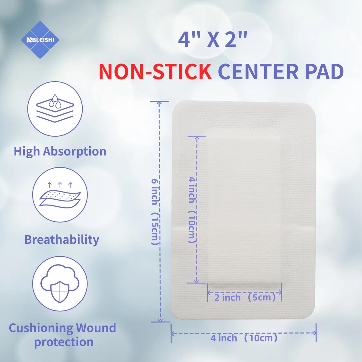 NBLEISHI Sterile Wundauflage aus Vlies, 4 x 6 Zoll, extra groß mit Kleberand, atmungsaktiv, saugfähig, latexfrei, 15 einzeln verpackte Stücke