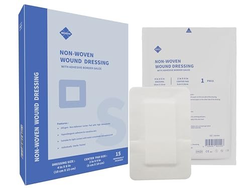 NBLEISHI Sterile Wundauflage aus Vlies, 4 x 6 Zoll, extra groß mit Kleberand, atmungsaktiv, saugfähig, latexfrei, 15 einzeln verpackte Stücke