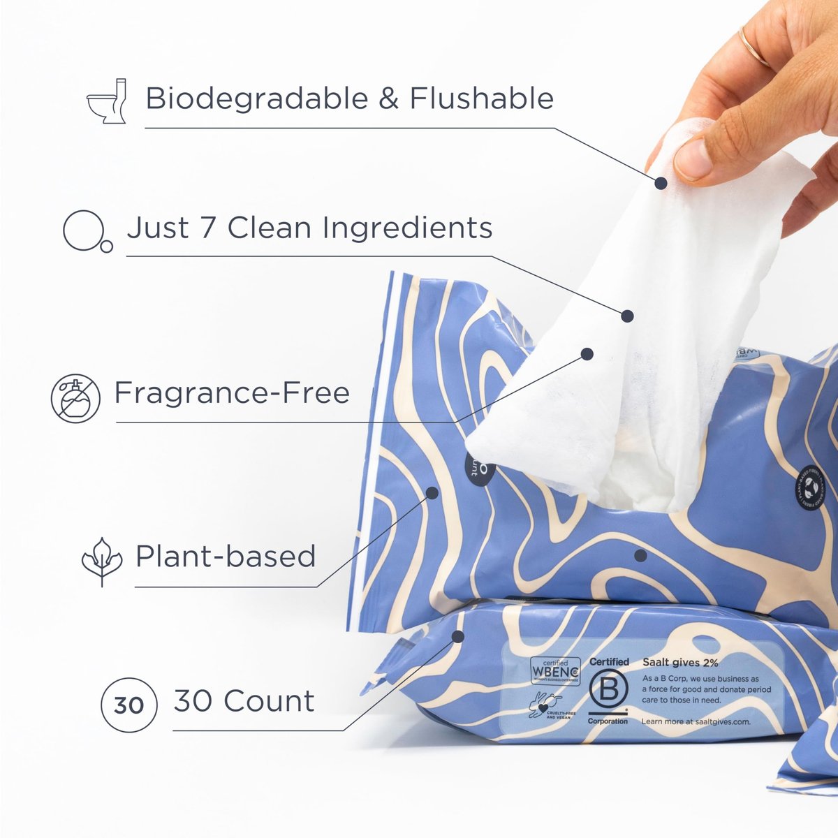 Saalt Daily Cleansing Wipes - Natürliche & pH-ausgeglichene Intimtücher - Hypoallergen, Spülbar & Biologisch Abbaubar - 30 Stück