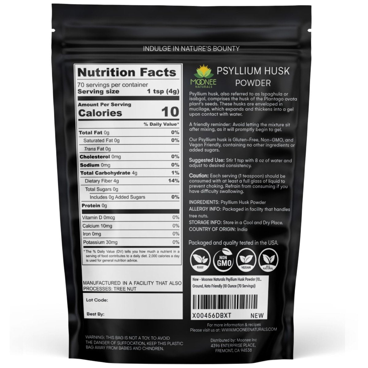 Moonee Naturals Psyllium Husk Pulver (10 Unzen) – Glutenfrei, Nicht GVO, Fein gemahlen, Keto-freundlich