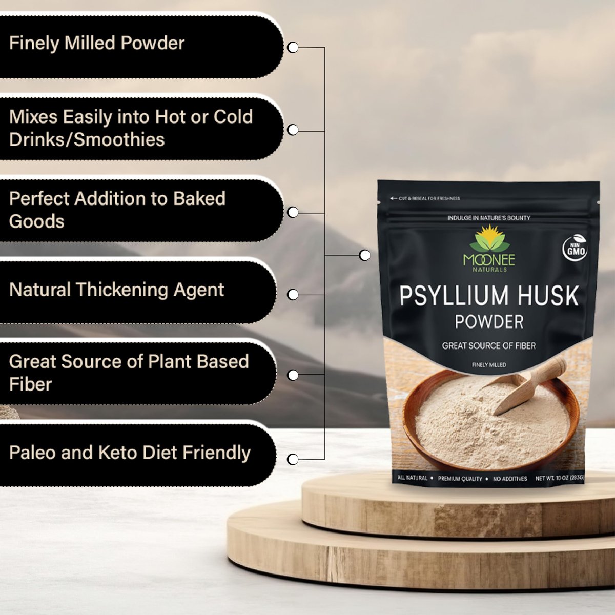 Moonee Naturals Psyllium Husk Pulver (10 Unzen) – Glutenfrei, Nicht GVO, Fein gemahlen, Keto-freundlich