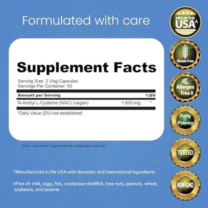 NaturaLife Labs N-Acetyl-L-Cystein (NAC) 1600 mg – 100 Kapseln - Vegan, Non-GMO & Glutenfrei