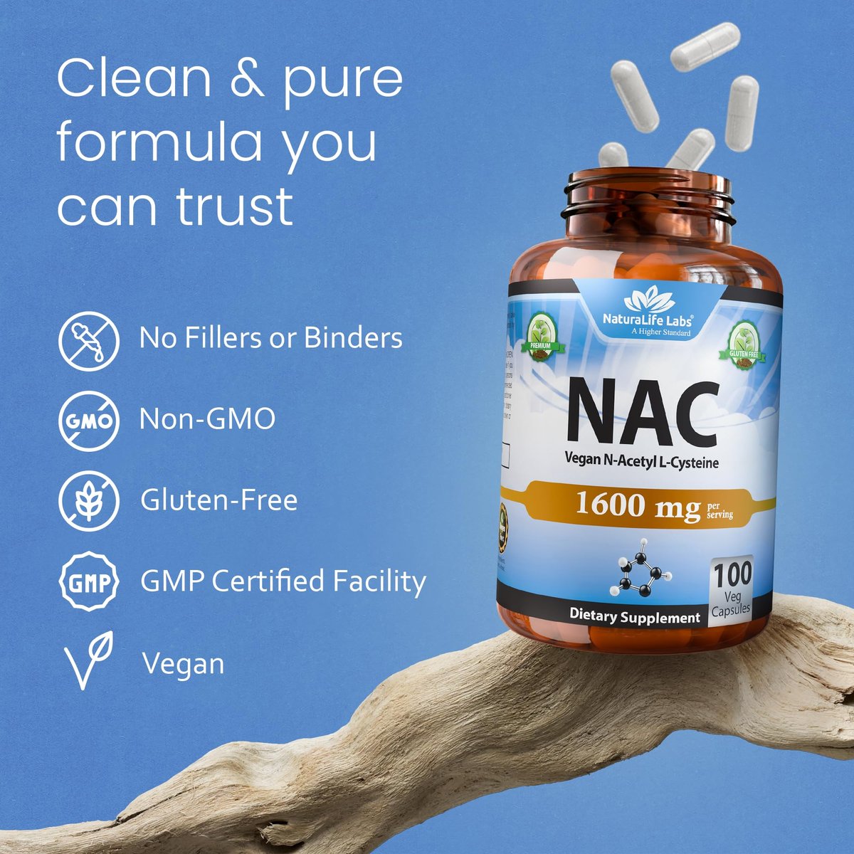 NaturaLife Labs N-Acetyl-L-Cystein (NAC) 1600 mg – 100 Kapseln - Vegan, Non-GMO & Glutenfrei