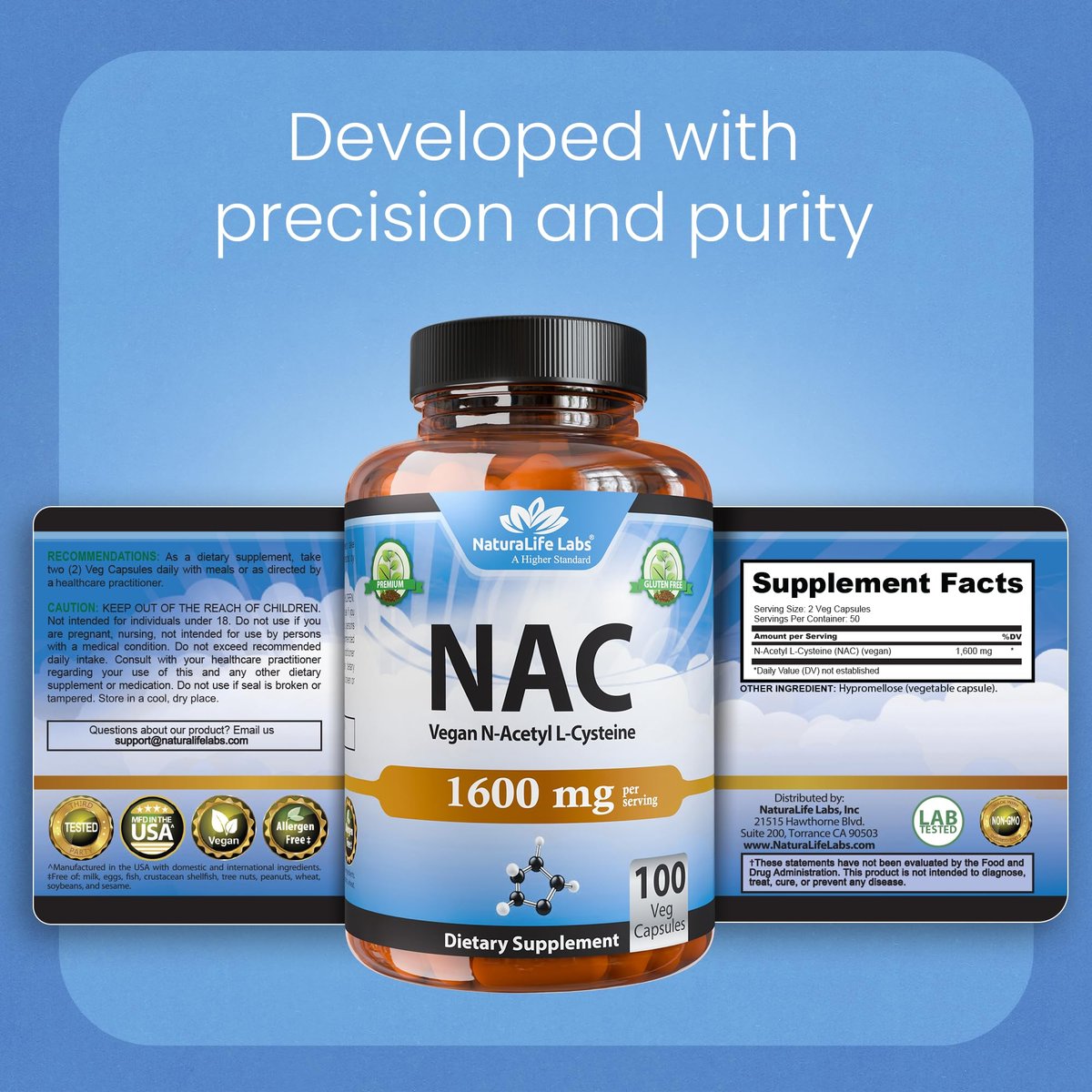 NaturaLife Labs N-Acetyl-L-Cystein (NAC) 1600 mg – 100 Kapseln - Vegan, Non-GMO & Glutenfrei