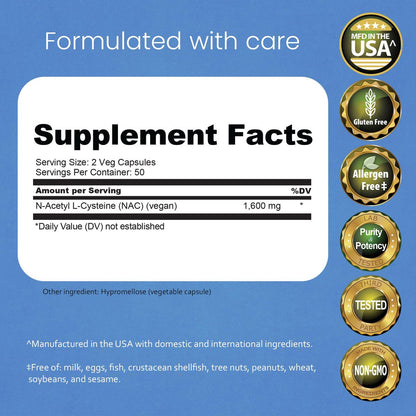 NaturaLife Labs N-Acetyl-L-Cystein (NAC) 1600 mg – 100 Kapseln - Vegan, Non-GMO & Glutenfrei