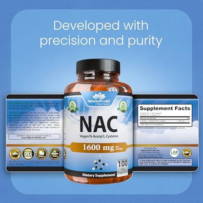 NaturaLife Labs N-Acetyl-L-Cystein (NAC) 1600 mg – 100 Kapseln - Vegan, Non-GMO & Glutenfrei