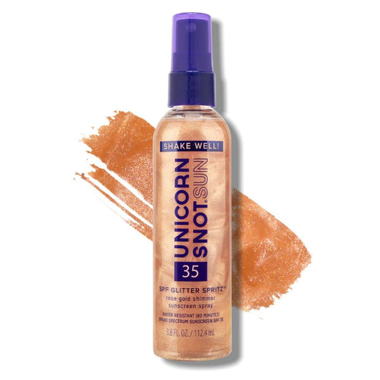 Unicorn Snot Glitter Sonnenspray SPF 35 – Schimmernder, leichter Sonnenschutz für Gesicht & Körper – Roségold Schimmer