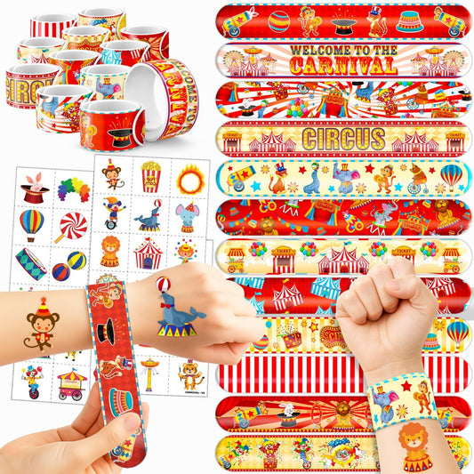 Cherisnowy 72-teiliges Karnevals-Set: 48 temporäre Tattoos & 24 Knallarmbänder – Zirkus-Geburtstagsfeier, Baby-Party-Geschenke, Klassenzimmer-Belohnungen für Kinder