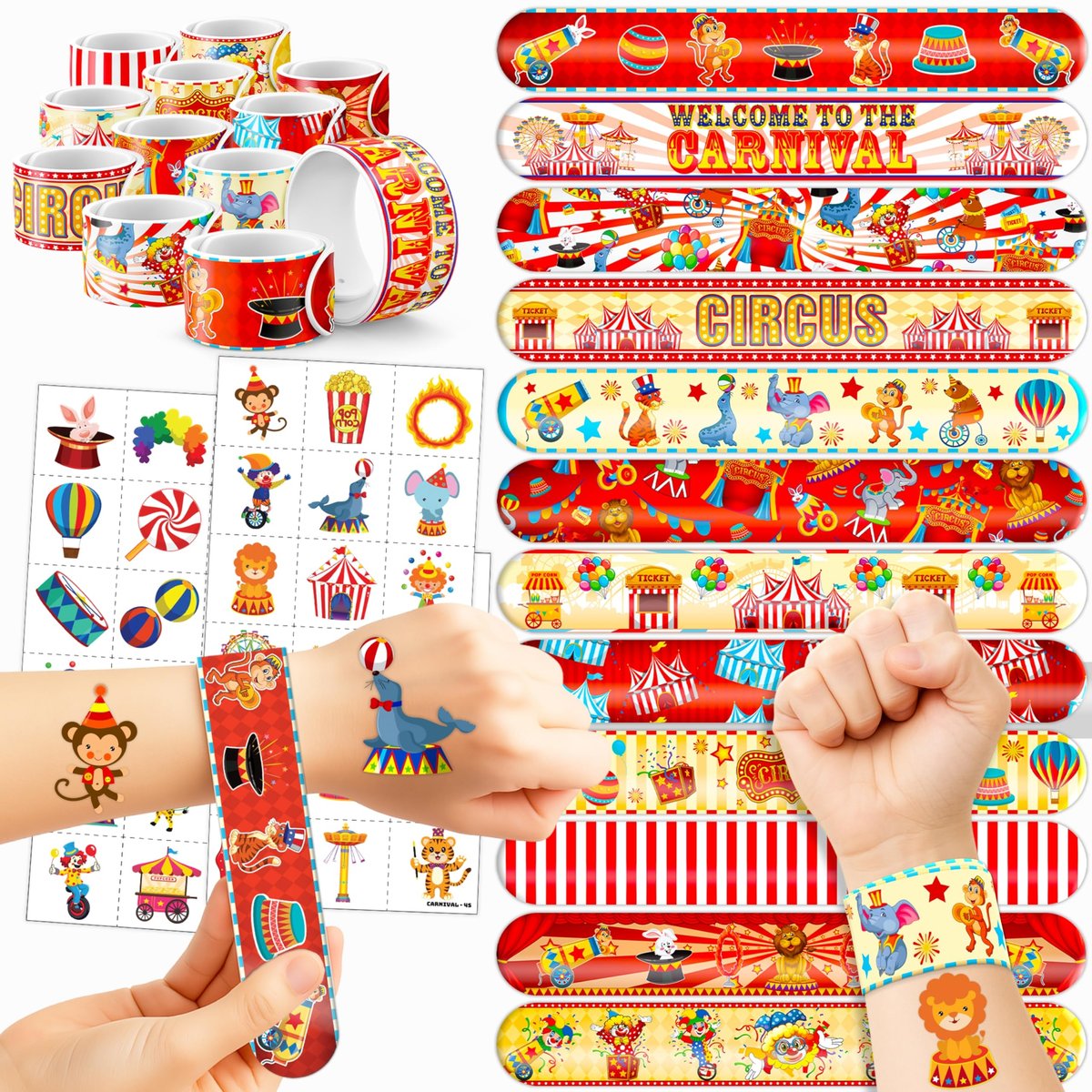 Cherisnowy 72-teiliges Karnevals-Set: 48 temporäre Tattoos & 24 Knallarmbänder – Zirkus-Geburtstagsfeier, Baby-Party-Geschenke, Klassenzimmer-Belohnungen für Kinder