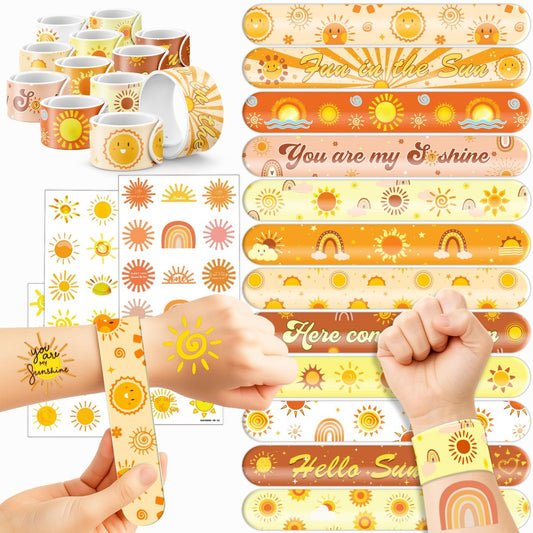 72-teiliges Boho-Sonnen-Party-Set: 48 temporäre Tattoos & 24 Slap-Armbänder - Sonnige Geschenke für Kinder, Mädchen und Jungen - Ideal für Geburtstage, Babypartys und Klassenzimmer-Belohnungen