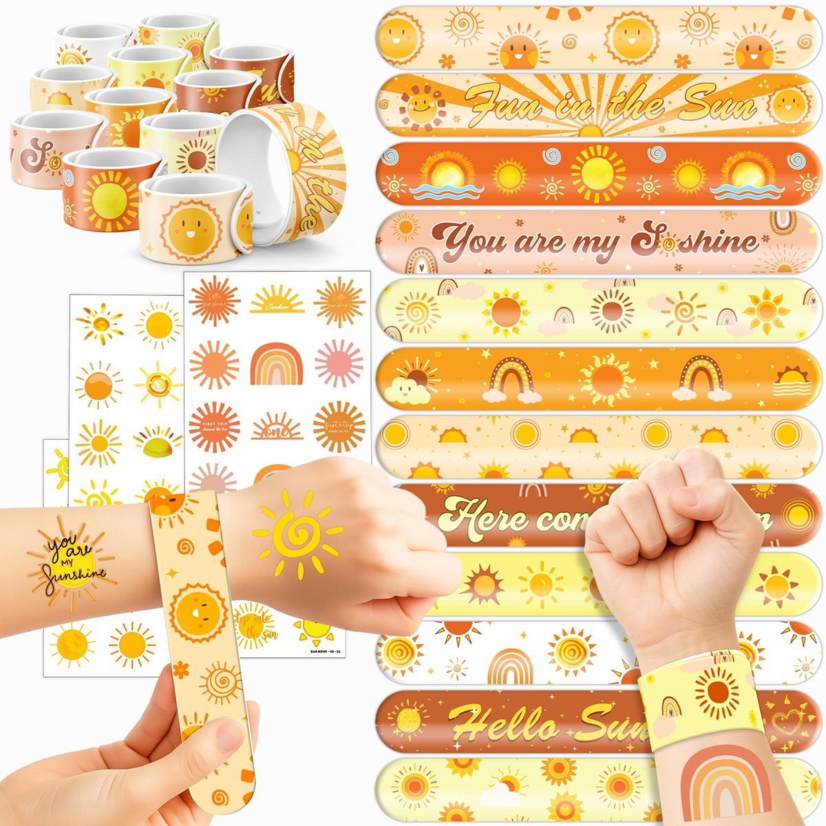 72-teiliges Boho-Sonnen-Party-Set: 48 temporäre Tattoos & 24 Slap-Armbänder - Sonnige Geschenke für Kinder, Mädchen und Jungen - Ideal für Geburtstage, Babypartys und Klassenzimmer-Belohnungen