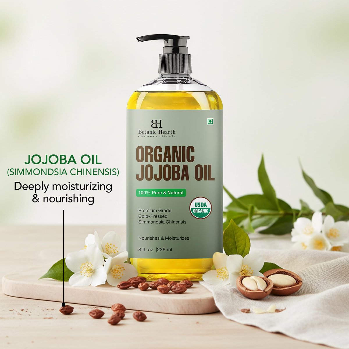 Botanic Hearth USDA Bio Jojobaöl 237 ml | 100% rein und natürlich – kaltgepresst & hexanfrei – natürliches Haarwachstumsöl für Wimpern, Augenbrauen, Haut, Gesicht, Nägel & Kopfhaut