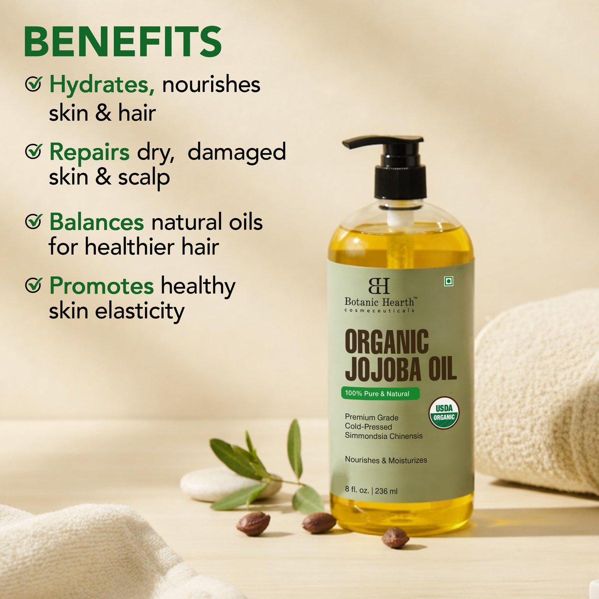 Botanic Hearth USDA Bio Jojobaöl 237 ml | 100% rein und natürlich – kaltgepresst & hexanfrei – natürliches Haarwachstumsöl für Wimpern, Augenbrauen, Haut, Gesicht, Nägel & Kopfhaut