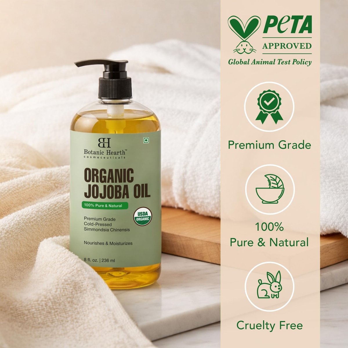 Botanic Hearth USDA Bio Jojobaöl 237 ml | 100% rein und natürlich – kaltgepresst & hexanfrei – natürliches Haarwachstumsöl für Wimpern, Augenbrauen, Haut, Gesicht, Nägel & Kopfhaut
