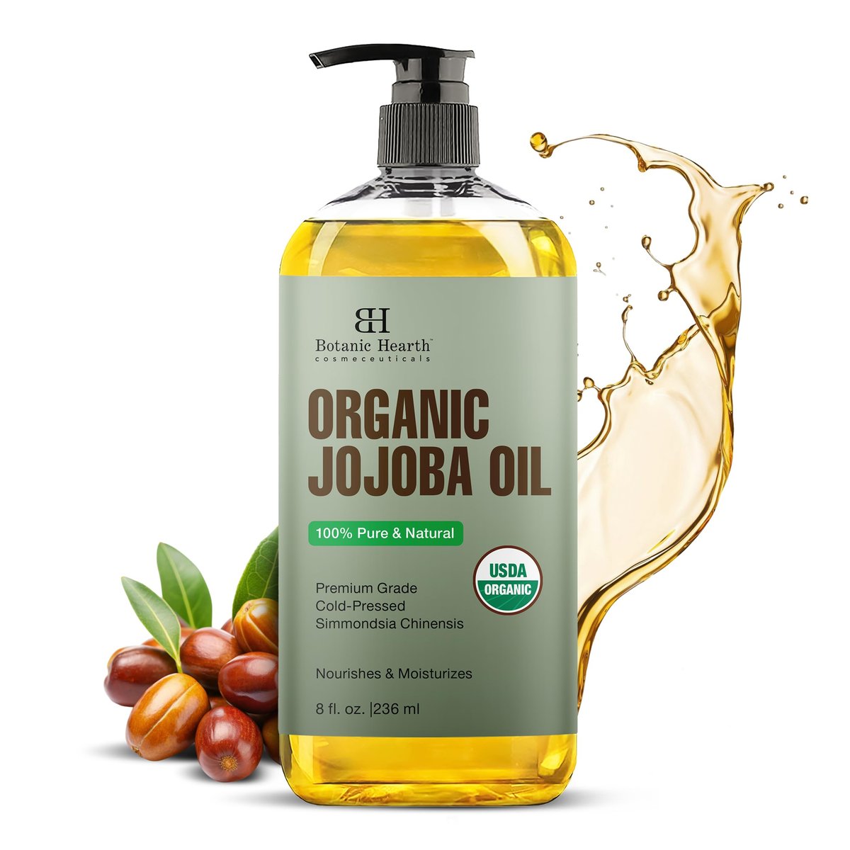 Botanic Hearth USDA Bio Jojobaöl 237 ml | 100% rein und natürlich – kaltgepresst & hexanfrei – natürliches Haarwachstumsöl für Wimpern, Augenbrauen, Haut, Gesicht, Nägel & Kopfhaut