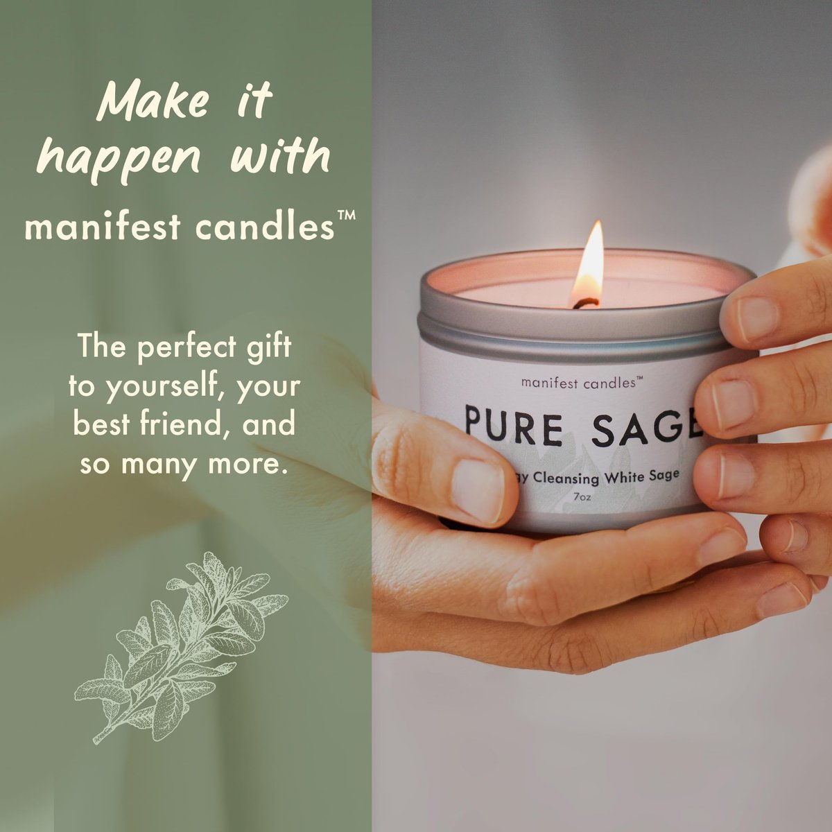 Manifest Candles Weißer Salbei Reinigungs-Kerze – 45 Stunden Brenndauer, Kokos-Sojawachs, Negative Energie Vertreiben, Meditation & Aromatherapie