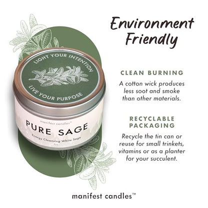 Manifest Candles Weißer Salbei Reinigungs-Kerze – 45 Stunden Brenndauer, Kokos-Sojawachs, Negative Energie Vertreiben, Meditation & Aromatherapie