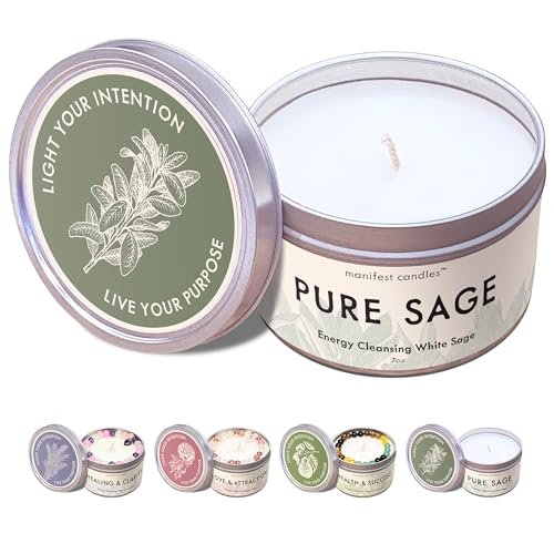 Manifest Candles Weißer Salbei Reinigungs-Kerze – 45 Stunden Brenndauer, Kokos-Sojawachs, Negative Energie Vertreiben, Meditation & Aromatherapie