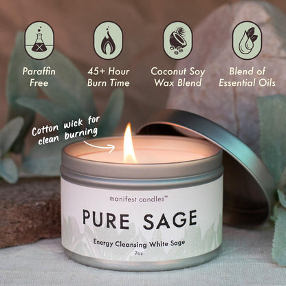 Manifest Candles Weißer Salbei Reinigungs-Kerze – 45 Stunden Brenndauer, Kokos-Sojawachs, Negative Energie Vertreiben, Meditation & Aromatherapie