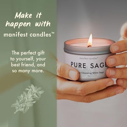 Manifest Candles Weißer Salbei Reinigungs-Kerze – 45 Stunden Brenndauer, Kokos-Sojawachs, Negative Energie Vertreiben, Meditation & Aromatherapie