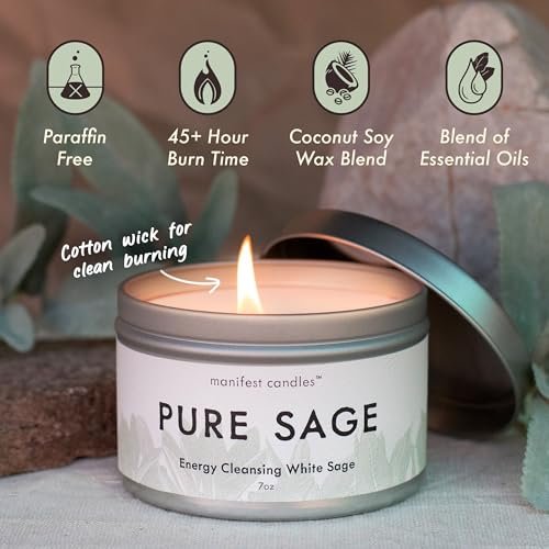 Manifest Candles Weißer Salbei Reinigungs-Kerze – 45 Stunden Brenndauer, Kokos-Sojawachs, Negative Energie Vertreiben, Meditation & Aromatherapie