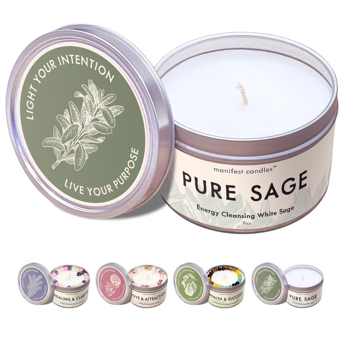 Manifest Candles Weißer Salbei Reinigungs-Kerze – 45 Stunden Brenndauer, Kokos-Sojawachs, Negative Energie Vertreiben, Meditation & Aromatherapie