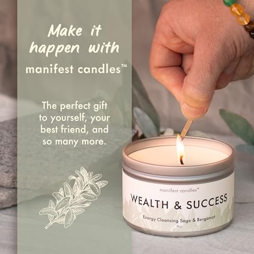 Manifest Sage & Bergamot Money Candle – 45 Stunden Brenndauer, Manifestationsarmband, Schutzkerze für negative Energie, Fülle-Kerze, spirituelle Absichtskerze für positive Energie