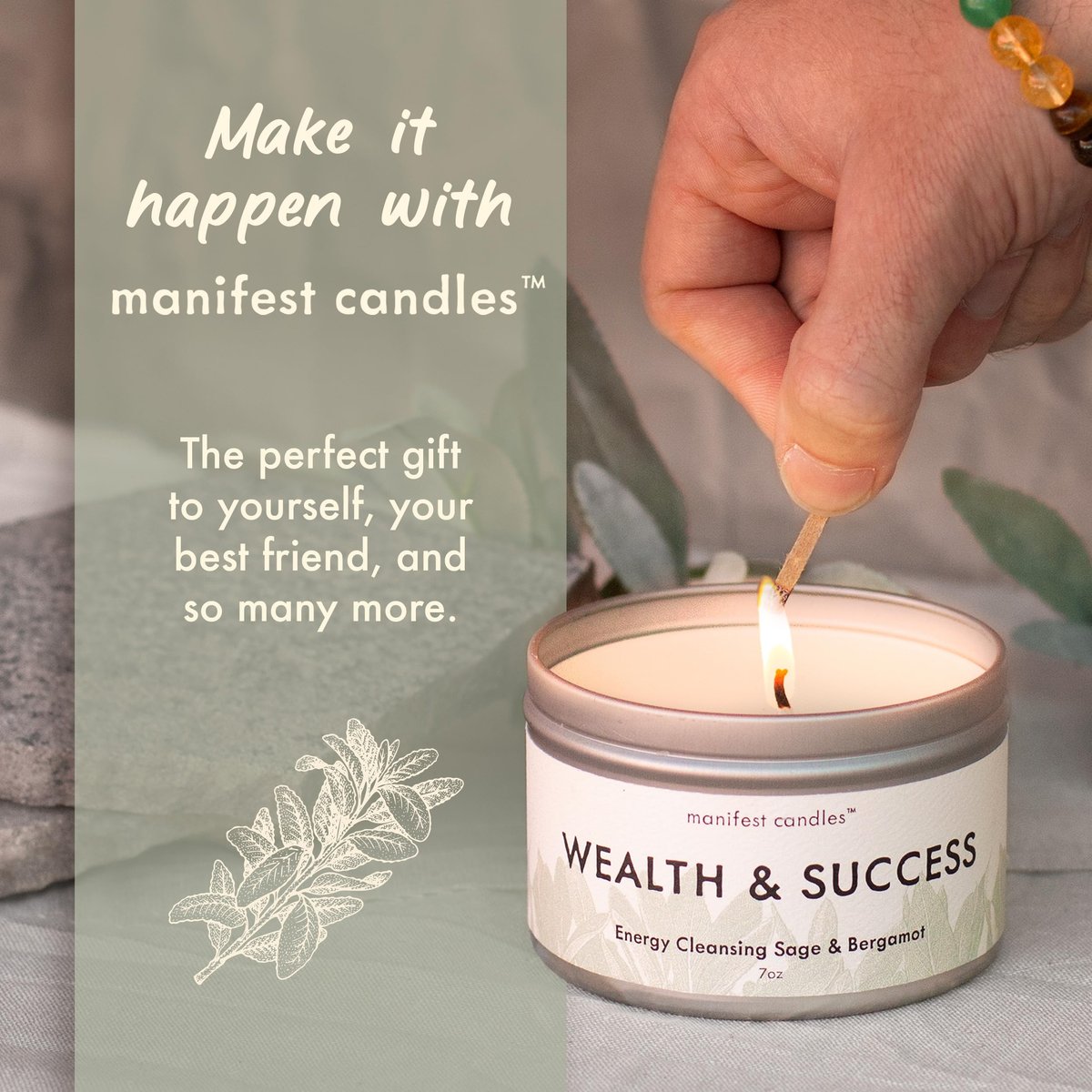 Manifest Sage & Bergamot Money Candle – 45 Stunden Brenndauer, Manifestationsarmband, Schutzkerze für negative Energie, Fülle-Kerze, spirituelle Absichtskerze für positive Energie