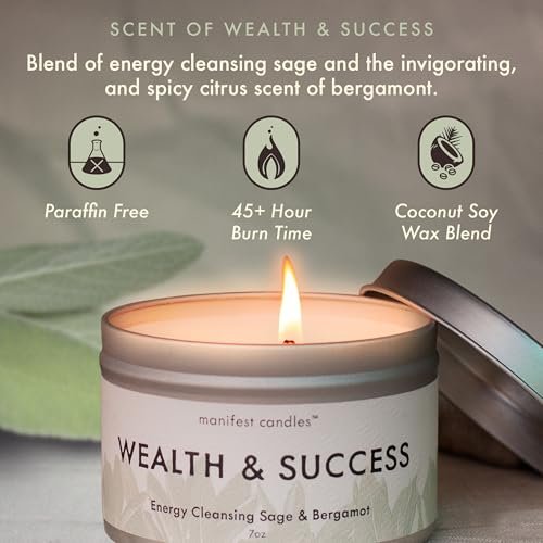 Manifest Sage & Bergamot Money Candle – 45 Stunden Brenndauer, Manifestationsarmband, Schutzkerze für negative Energie, Fülle-Kerze, spirituelle Absichtskerze für positive Energie