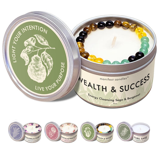 Manifest Sage & Bergamot Money Candle – 45 Stunden Brenndauer, Manifestationsarmband, Schutzkerze für negative Energie, Fülle-Kerze, spirituelle Absichtskerze für positive Energie