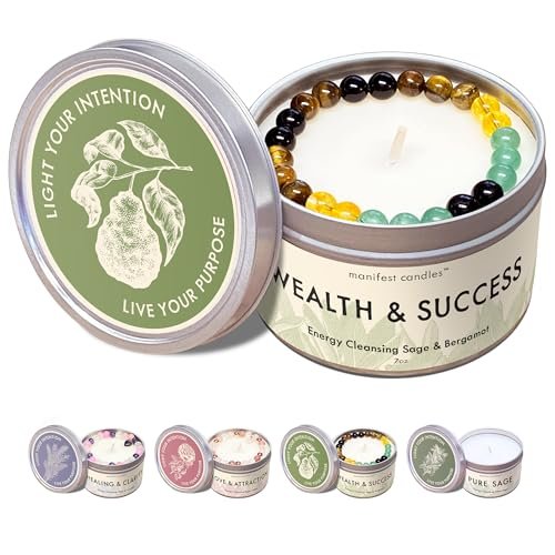 Manifest Sage & Bergamot Money Candle – 45 Stunden Brenndauer, Manifestationsarmband, Schutzkerze für negative Energie, Fülle-Kerze, spirituelle Absichtskerze für positive Energie