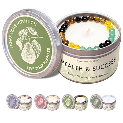 Manifest Sage & Bergamot Money Candle – 45 Stunden Brenndauer, Manifestationsarmband, Schutzkerze für negative Energie, Fülle-Kerze, spirituelle Absichtskerze für positive Energie