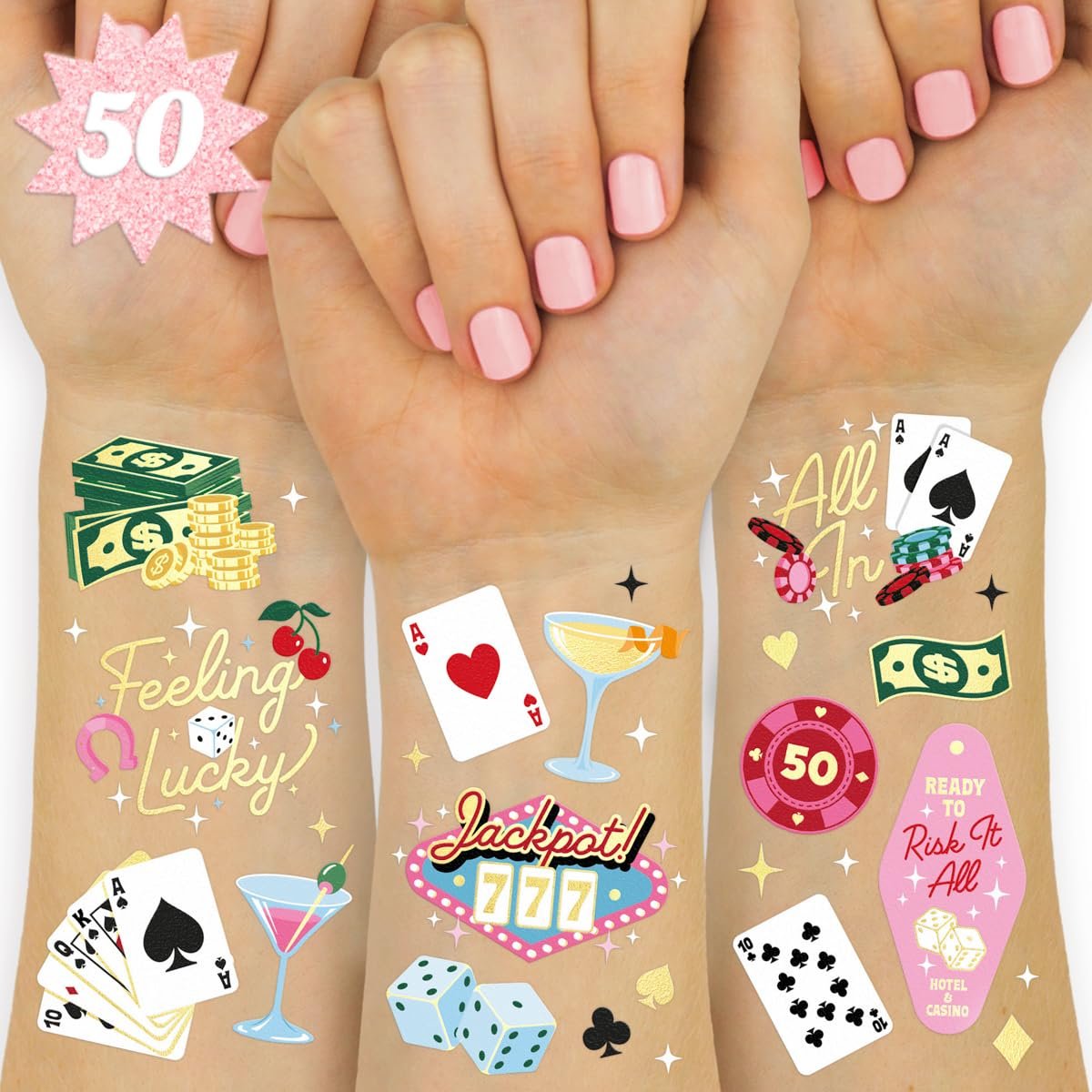 xo, Fetti Casino Temporäre Tattoos – 50 Goldfolie Tattoos für Junggesellinnen-Abschied, Geburtstag, Las Vegas Party, Spielnacht