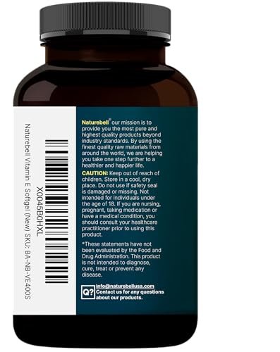 NatureBell Vitamin E Öl Weichkapseln, 400 IE pro Portion, 400 Kapseln | Antioxidans für Haut, Herz und Immunsystem – Non-GMO